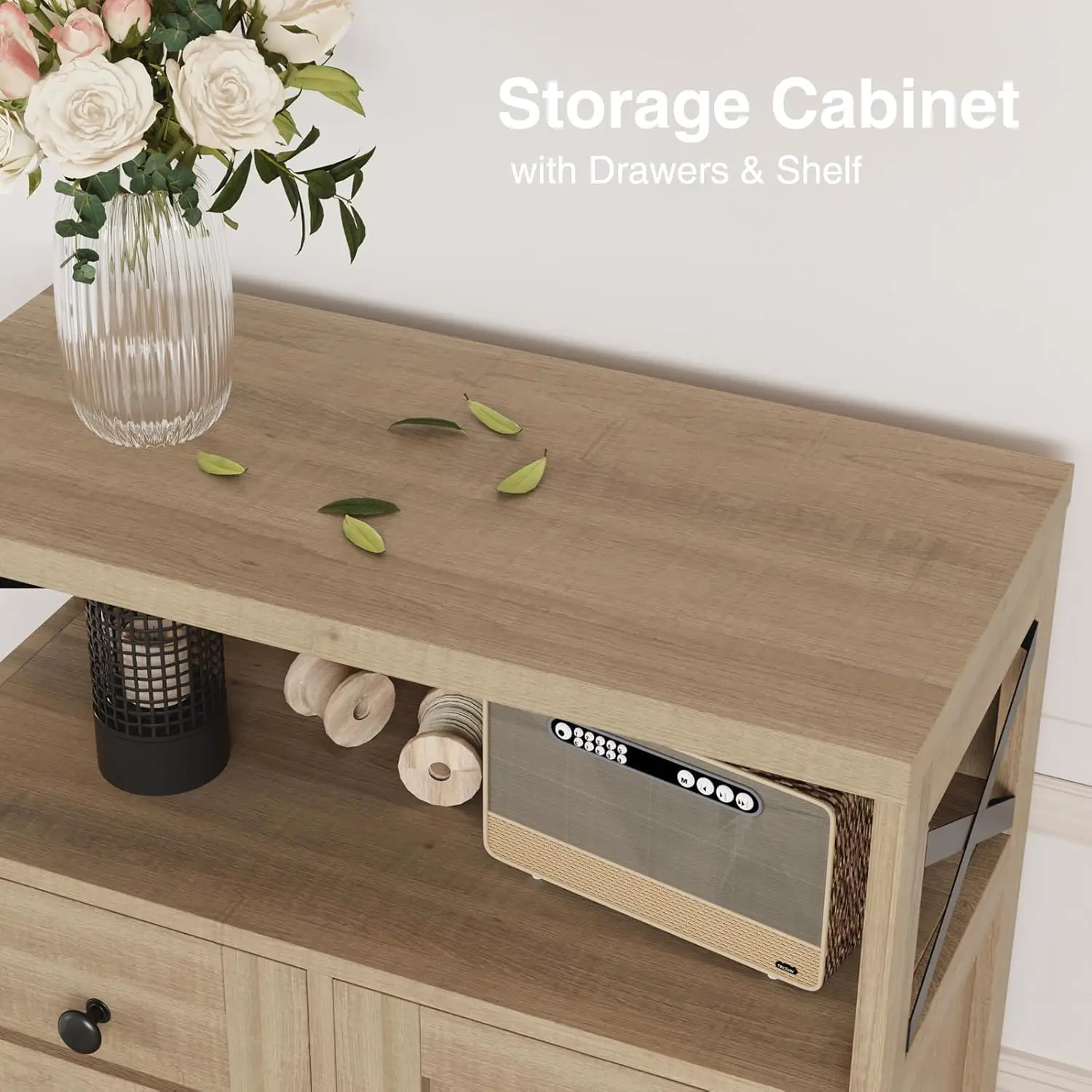 Natural Style Storage Cabinet with Drawers and Shelves, Standing Kitchen Pantry Cabinet, Floor Storage Cabinet Hutch Cupboard