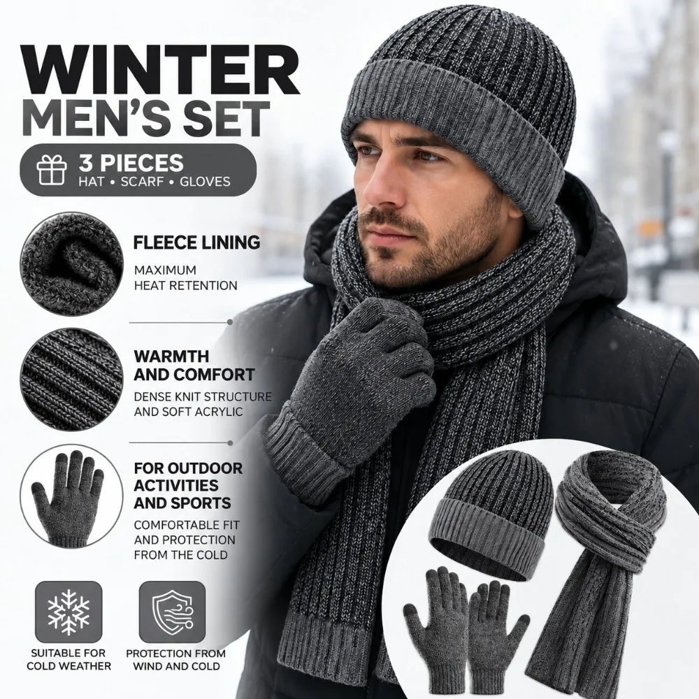 3Pcs/Set Warm Winter Hat Scarf Gloves Set Lining Non Slip Knit Beanie Snood Set Windproof Elastic Touchscreen Gloves for Men