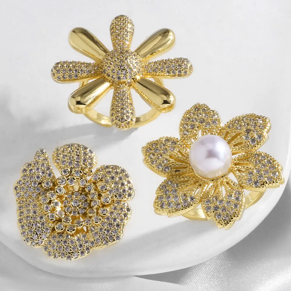 OCESRIO White Crystal Bead Big Flower Statement Women Rings Copper Gold Plated Wide Adjustable Open Ring Women Jewelry rigq55