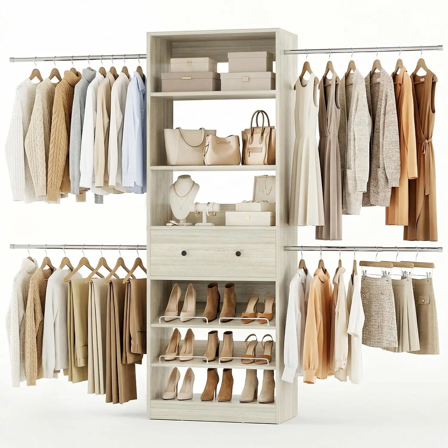Expandable Closet System with Drawer & 4 Rods, Heavy Duty Wardrobe 1000Lbs for Bedroom Walk-in, White Oak, Customized