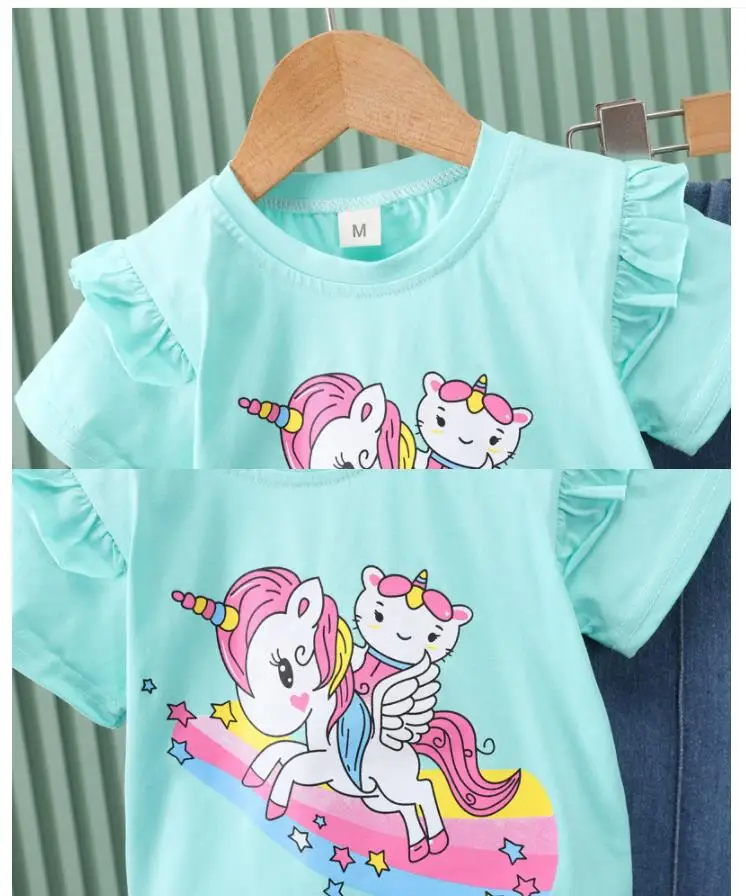 2024 neue kinder Set Mädchen Sommer Cartoon Gedruckt Kurzarm + Cowboy Hosen Infant Mode Set 0-4 jahre Alt – Detail 5