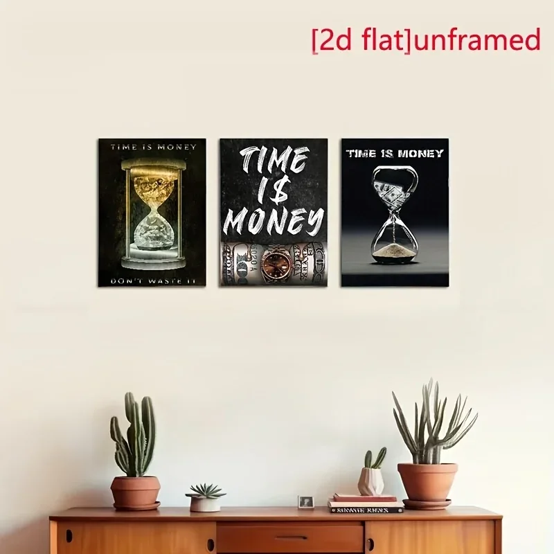 (No frame)Time is Money Inspirational Quotes Canvas Painted Dollars Posters and Prints, 3 pcs Pack, Frameless, for Office Hom
