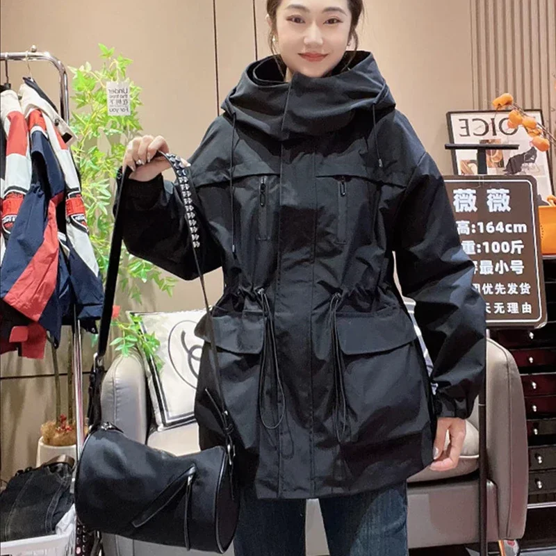 2026 Neue Damen-Windjacke mit Kapuze, lässiger Outdoor-Mantel mit Kordelzug an der Taille, leichte Windbreaker für Damen, Herbst