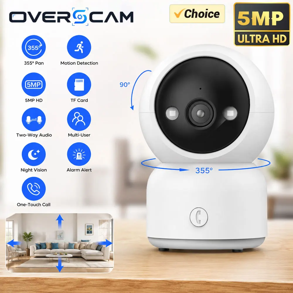 5MP WiFi Indoor PTZ Security Camera 355° Auto Tracking Two Way Audio One Touch Call Night Vision TF Card APP Remote Home Monitor