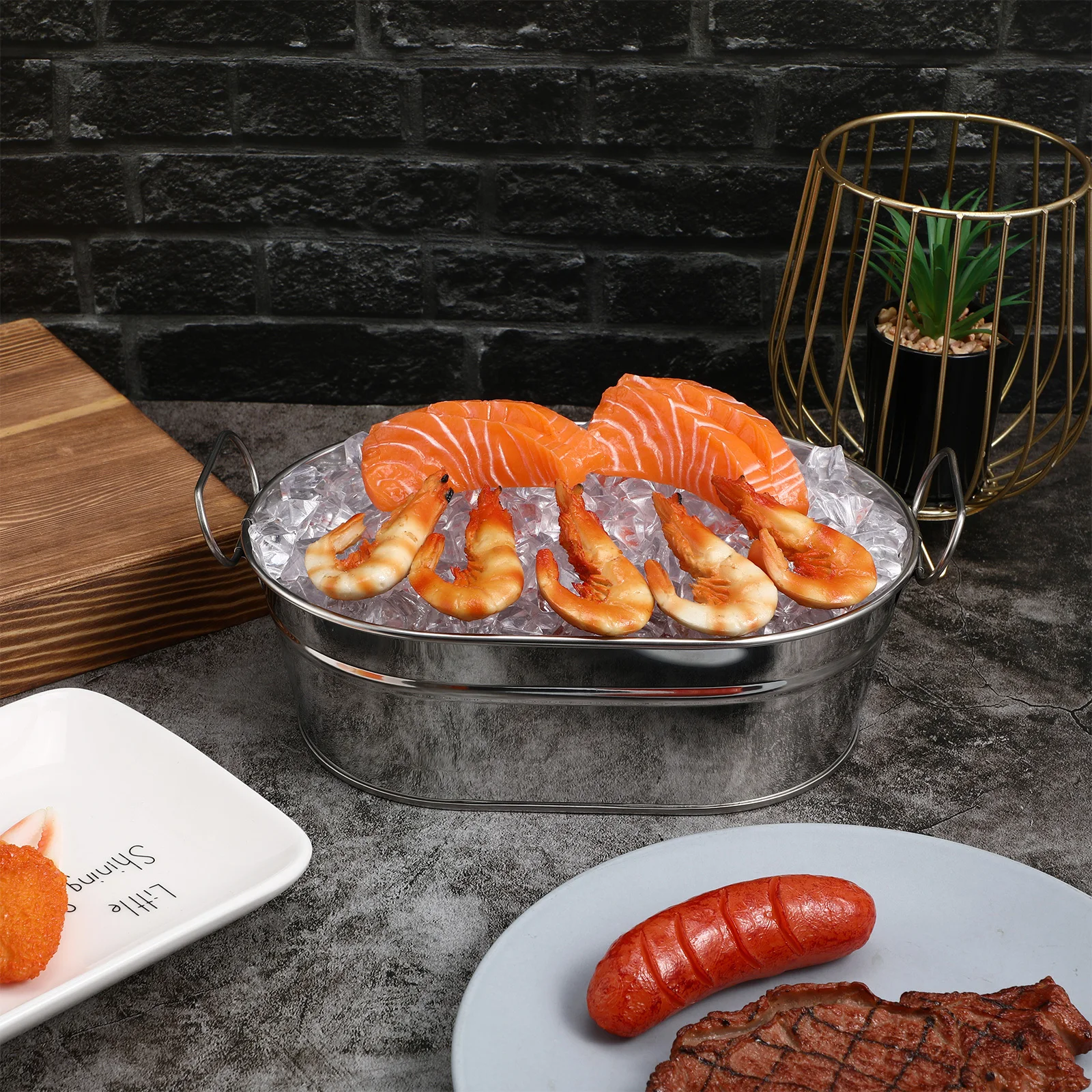 

1pc Stainless Steel Seafood Bucket Large Capacity Storage Container For Hotel Restaurant Home Use Silver Tableware