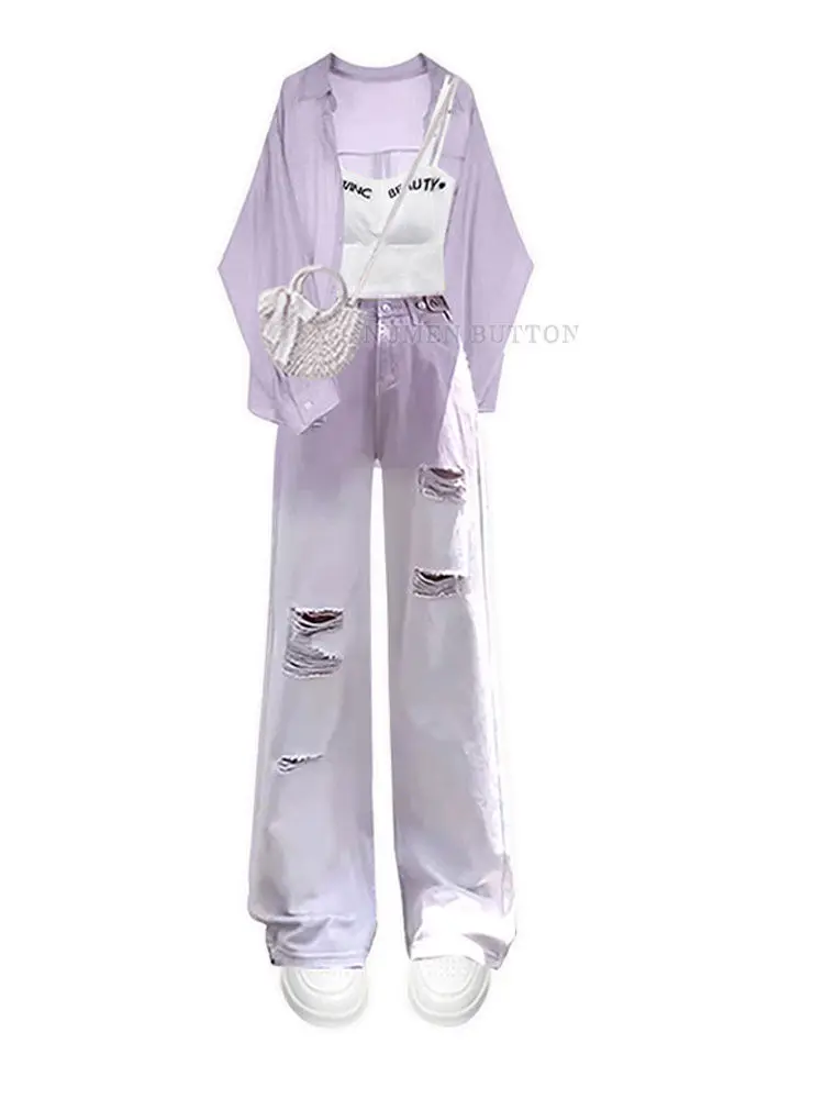 

2025 Women 2 Piece Set Wide Leg Pants+Solid Single-Breasted Blouse Top Shirt Pants Set Casual Summer Streetwear