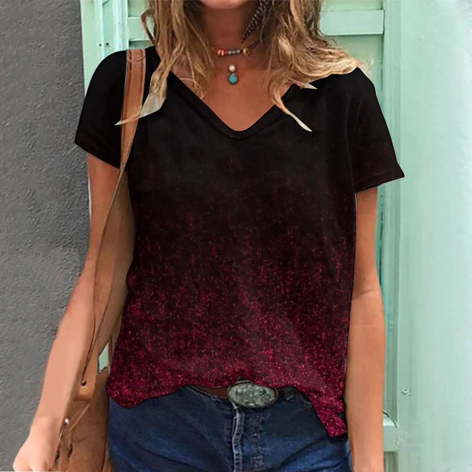 Summer Sequin Gradient 3D Print T-shirts Women Casual Fashion Streetwear Short Sleeve V-Neck T Shirt Harajuku Tees Tops Clothing