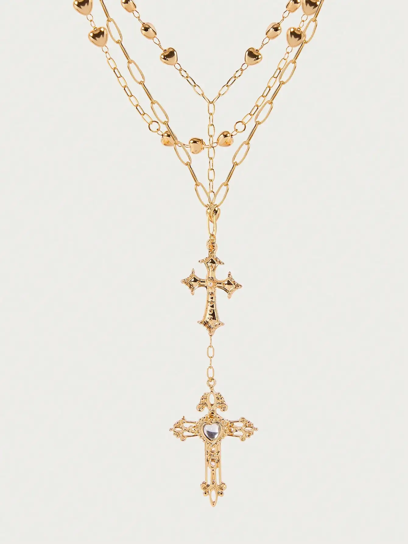 

Gold-Tone Layered Heart Chain Necklace with Ornate Cross Pendants