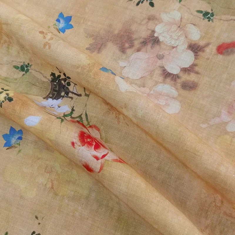 Plant Style High Quality Natural Pure Ramie Linens Cloth Digital Printing Fabric Summer Thin Style Robe Dress Tissu Sewing DIY