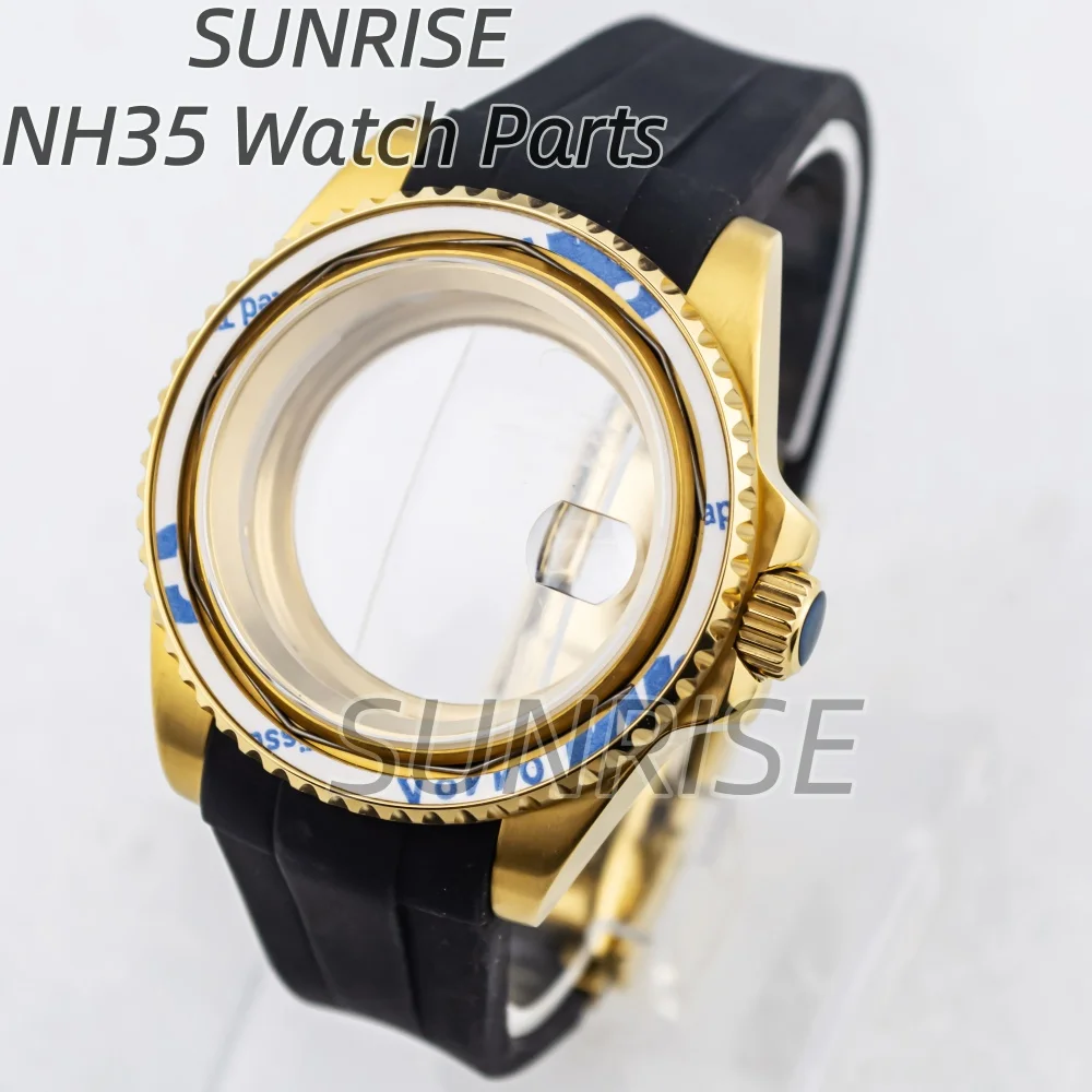 

fit NH35 NH36 NH34 Movement 10bar Waterproof 40mm SUB GMT YACHT Rose Gold Silver Watch Case Curved End Rubber Strap Wristband