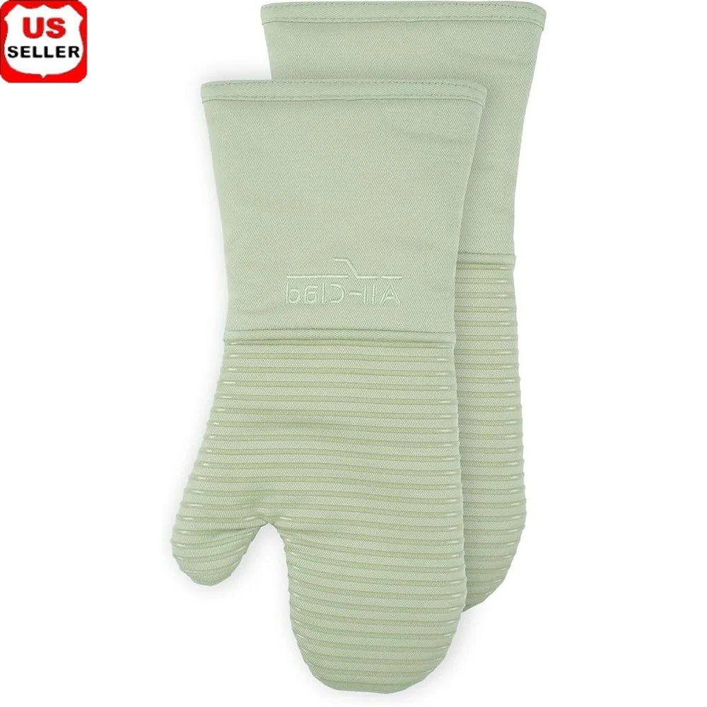 

Heat Resistant Silicone Oven Mitts 2 Pack Kitchen BBQ Gloves up to 500F Machine Washable Cotton Insulated