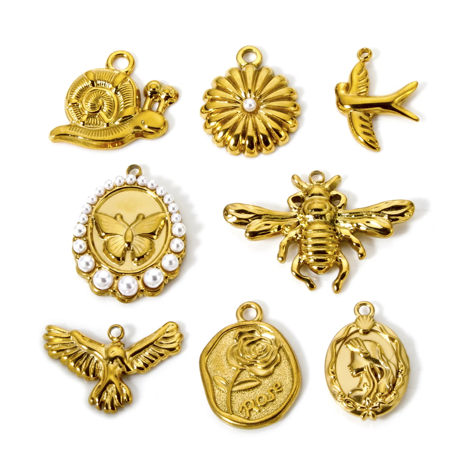 1 Piece 304 Stainless Steel Charms 18K Real Gold Plated Flower Necklace Eagle Snail Earrings Pendant For DIYJewelry Making