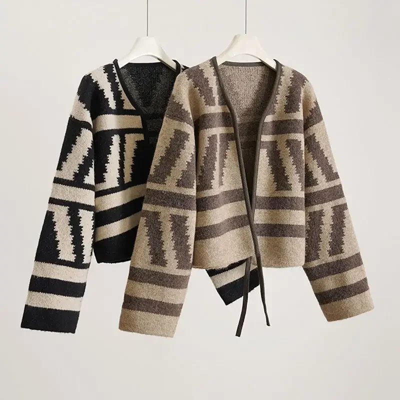 

Women Clothing Autumn Winter Vintage Luxury Chic Cardigan Knitted Sweater Geometric Jacquard V Neck Long Sleeve Loose Outerwears