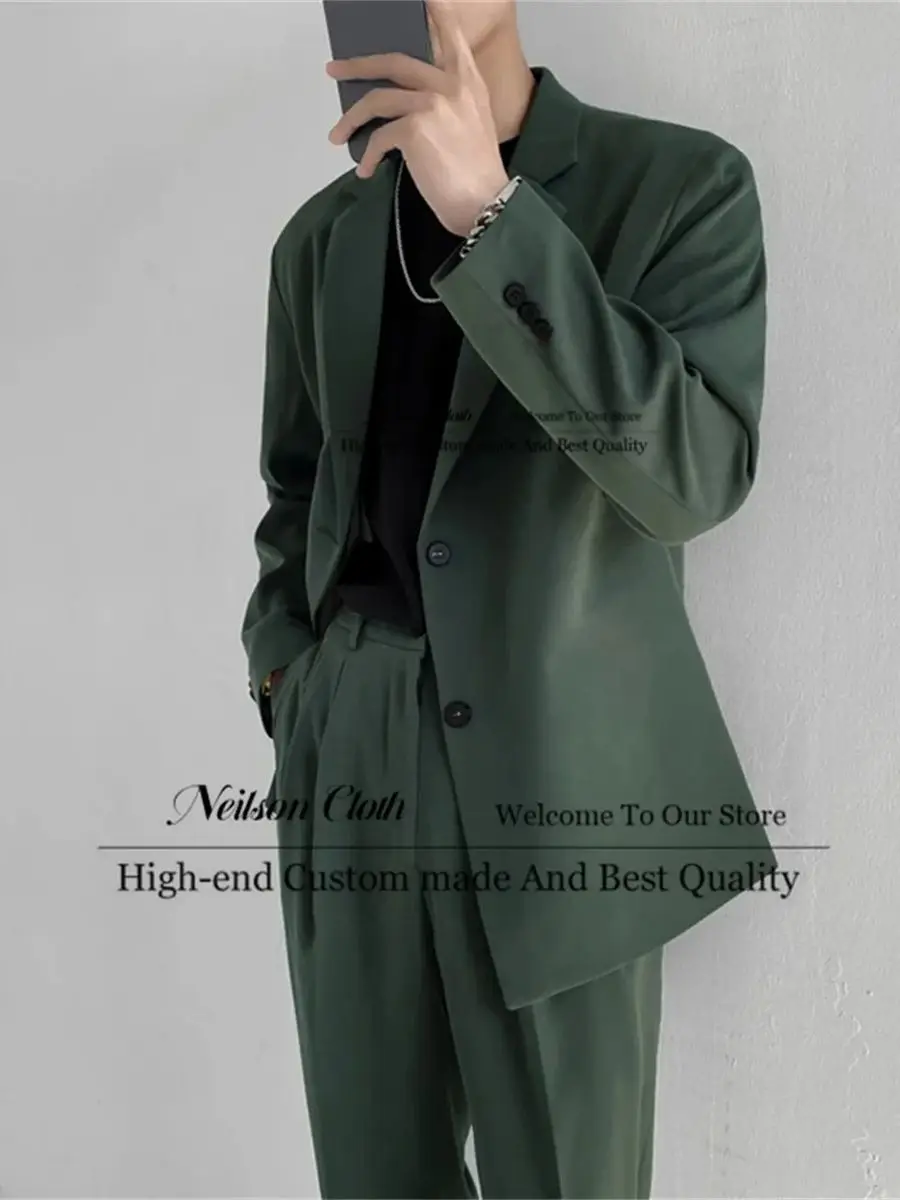 

Fashion Army Green Male Prom Blazers 2 Pieces Sets Notched Lapel Groom Wedding Tuxedos Loose Korean Business Terno Masculino