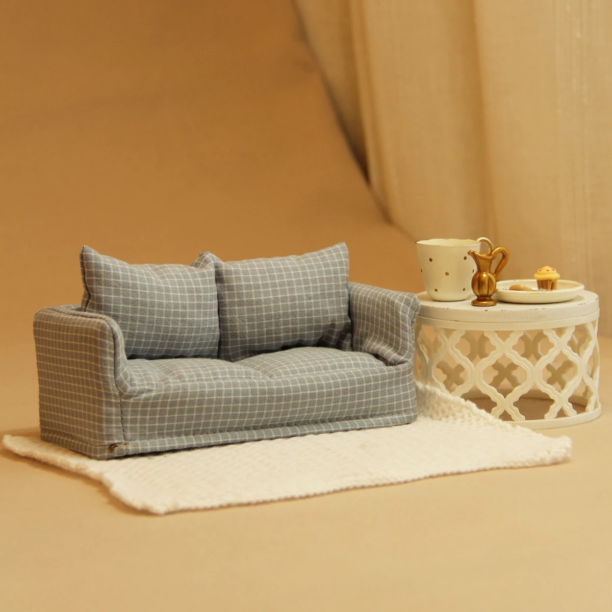 1:12 Simulazione in miniatura Playhouse Toy Divano doppio in tessuto di legno adatto per la decorazione di mobili per casa delle bambole Bjd Ob11