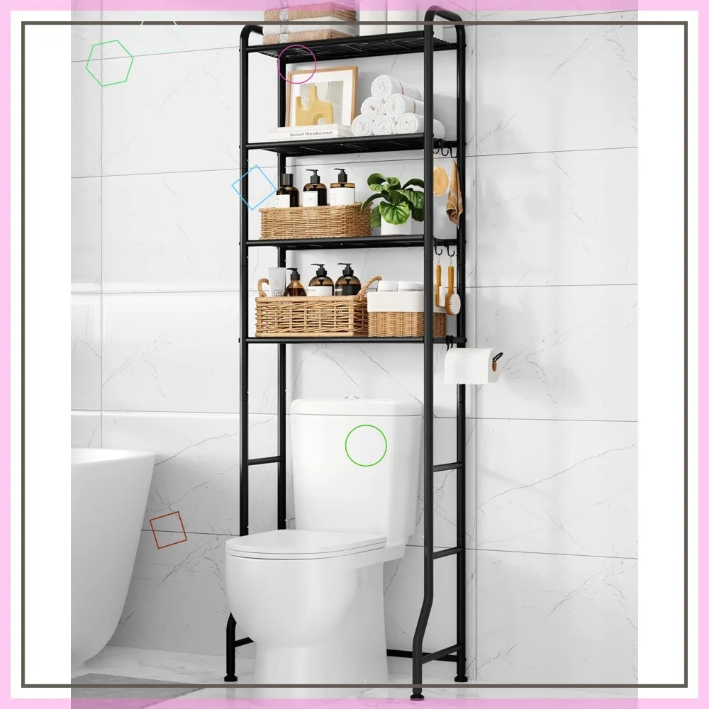 

Металлическая полка для хранения над унитазом с держателем для бумаги и крючками, 4-ярусная полка-органайзер для ванной комнаты, черная, высота 74,2 дюйма