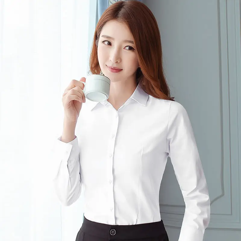 

Elegant Black White Blouse Women Korean Slim Long Sleeve Work Shirt Office Formal Wear Button Up Shirt for Spring Autumn