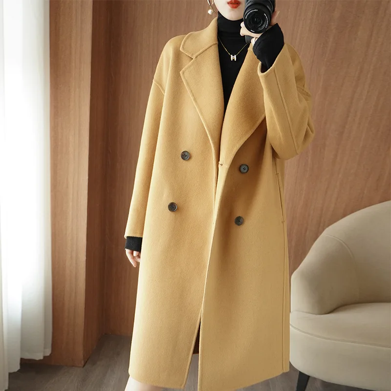 

Promotion 2023 White Double sided Cashmere Coat Women's Long Autumn/Winter Lace up Slim Fit High end Woolen Coat New