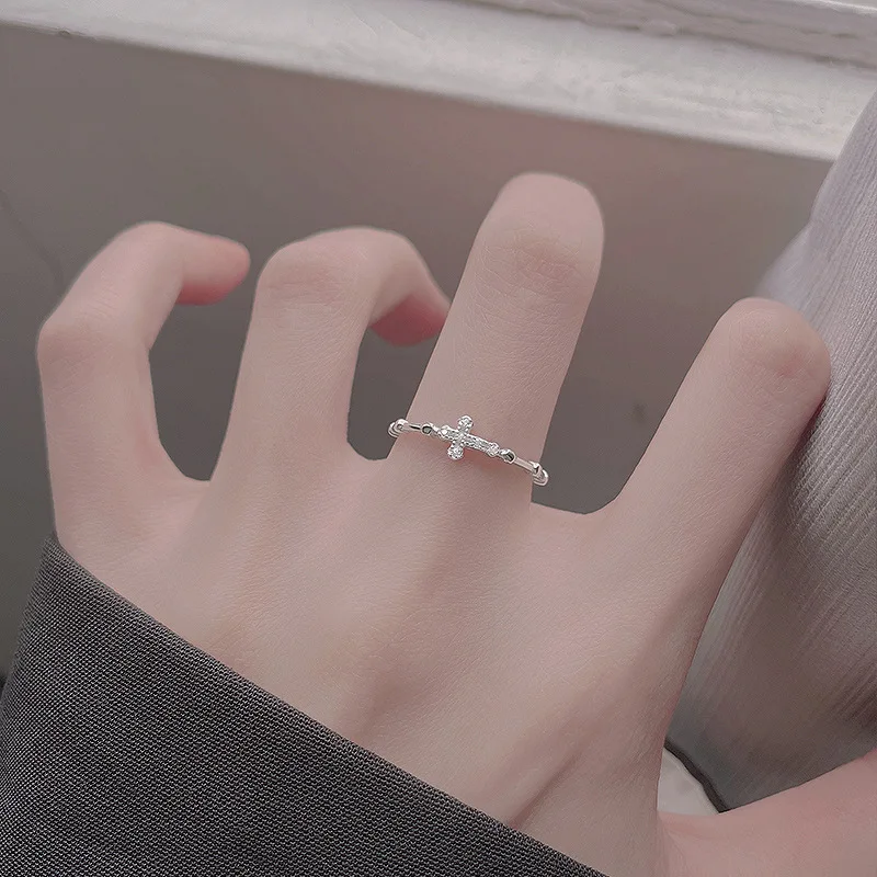 Punk Cross Fine Bamboo Joint Type Rings for Women Aesthetic Mosaic Zircon Adjustable Promise New Ring Girl Party Fashion Jewelry