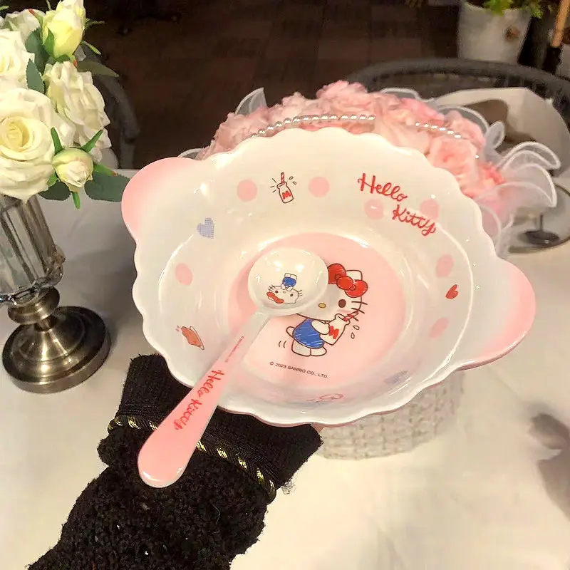 

Hello Kitty Anime Kawaii Sanrio Children Spoon Bowl Tableware Cute Cartoon Student Plate Kitchen Pendant Gifts for Girls