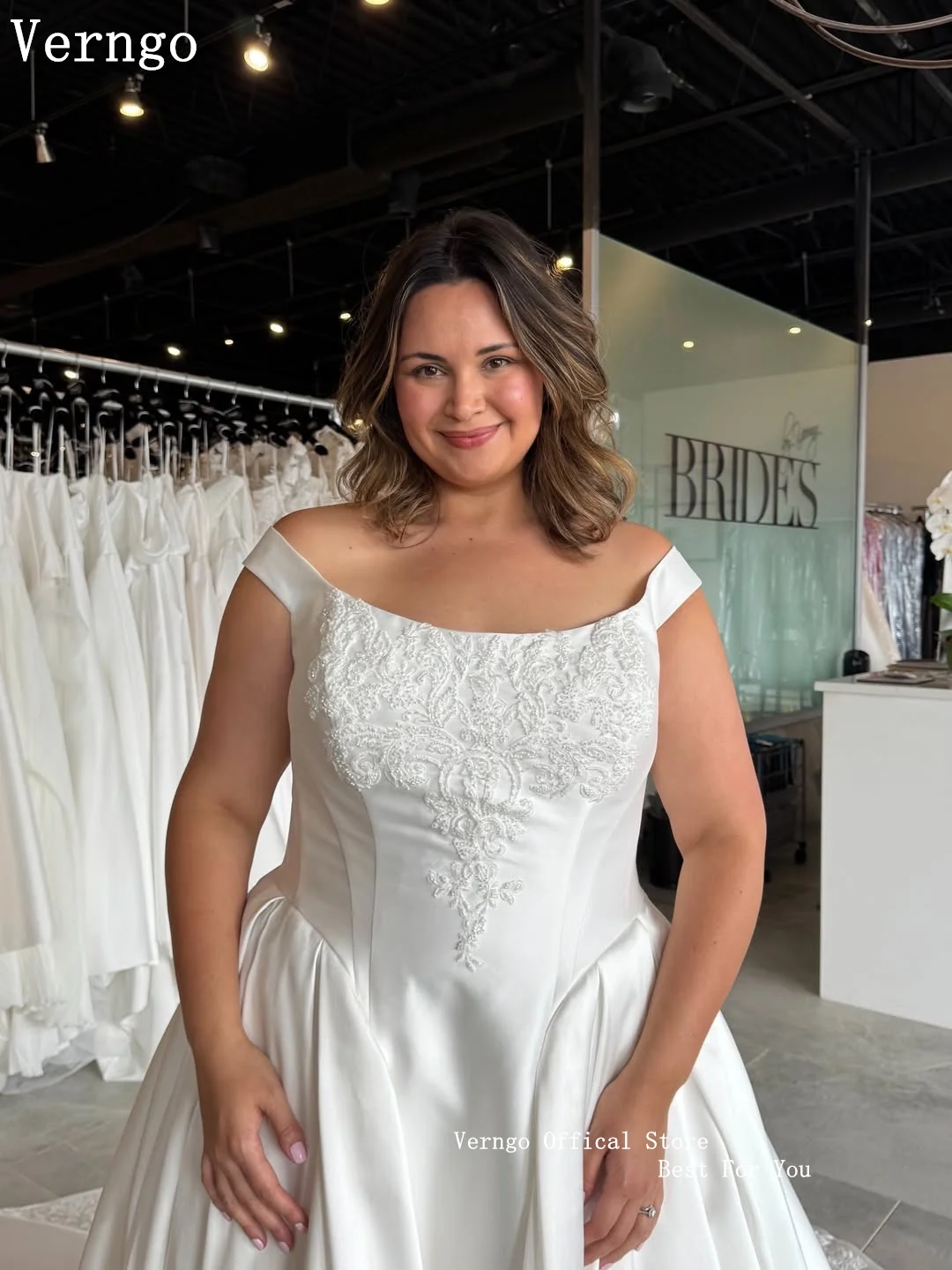 Verngo lvory Satin A Line Weddng Dress Off Verngo Plus Size Spaghtti Straps Wedding Dress Princess Appliques Floral Bridal Gow
