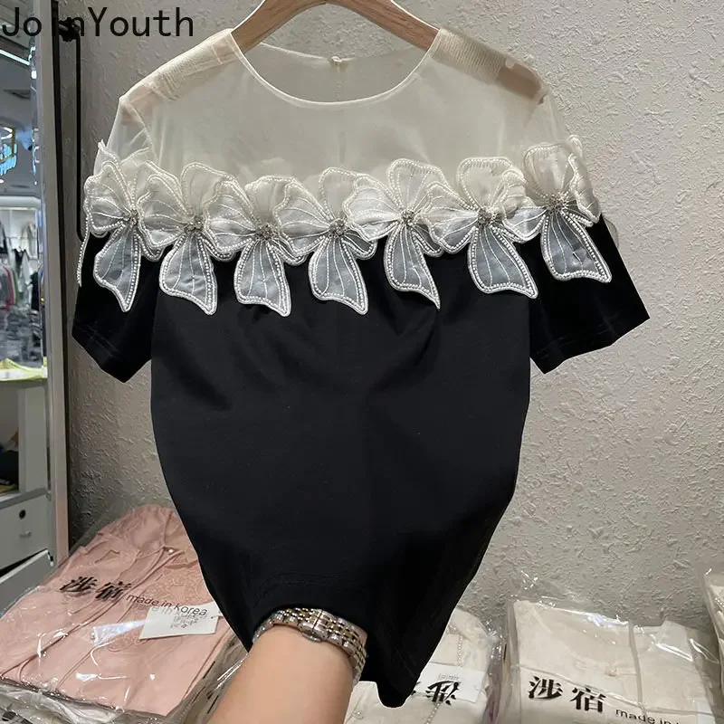 2023 Ropa Mujer Summer Tshirts for Women Elegant Blouses Short Sleeve Tees Patchwork Gauze Bead T Shirt Vintage Oversized Tops