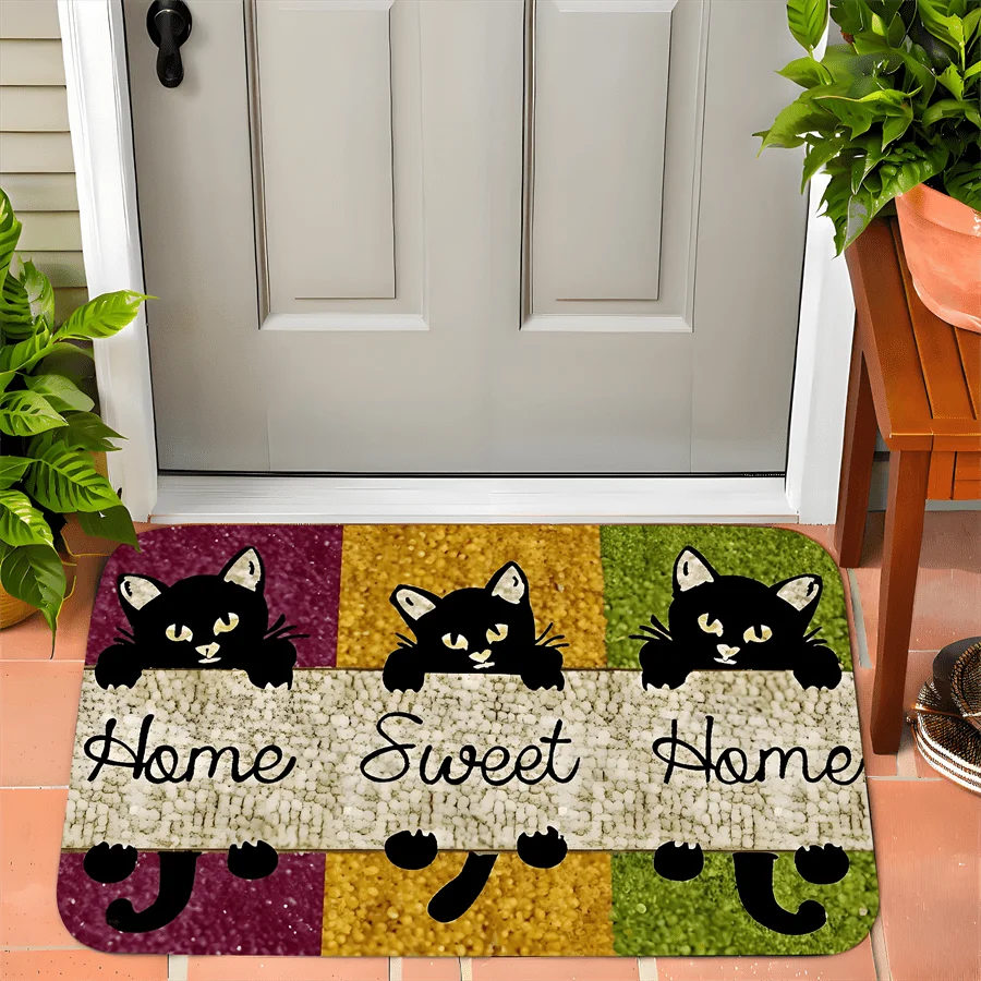Three Peeking Black Cats Doormat  Home Sweet Home Vintage Color Block Front Door Pet Lover Welcome Floor Mat