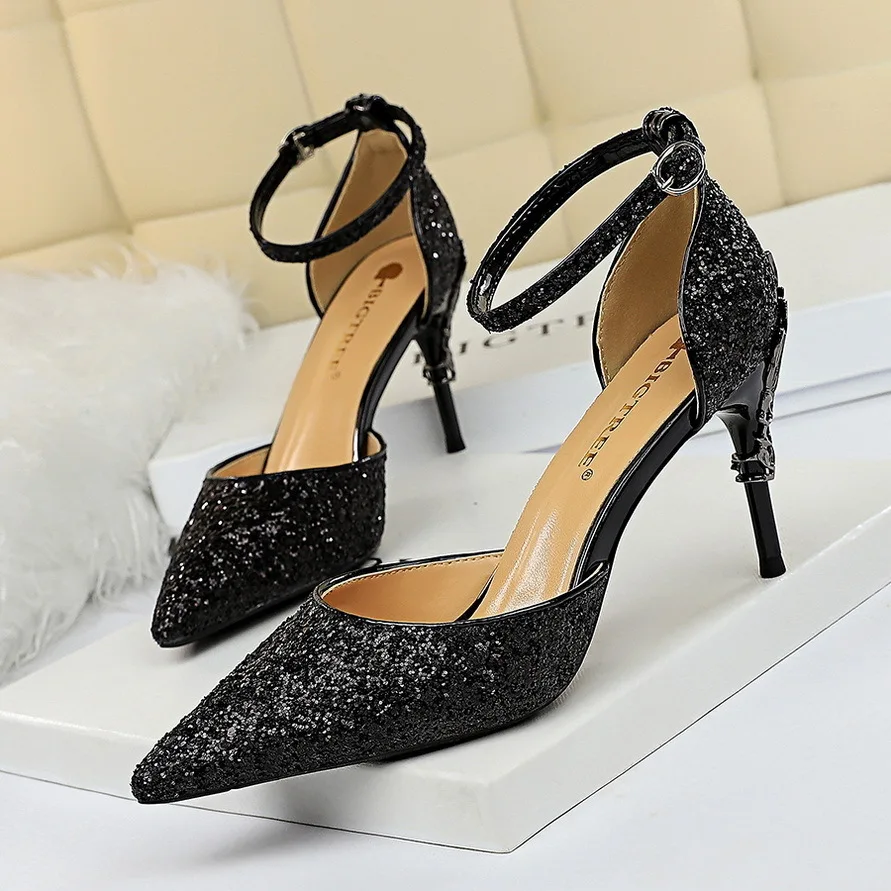 

Women's High Heels Shoes Sexy Hollow Ladies Metal Decorated Shallow Mouth Pointed Sequins Straight Sandals Pumps туфли женские