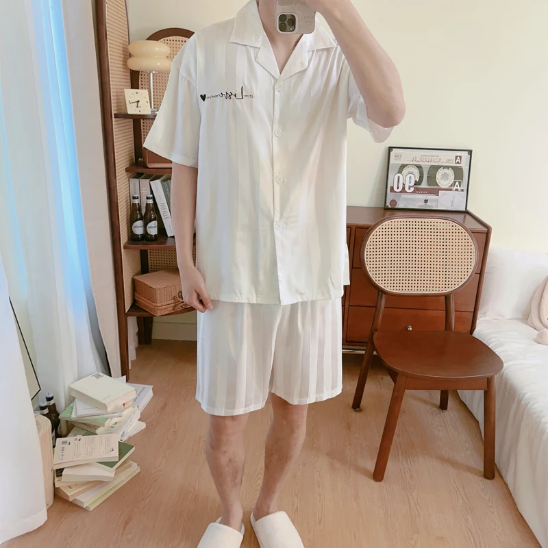 DAIMELU simple pajamas men's summer short-sleeved cold silk cool feeling loose plus size loungewear suit women's sleepwear set
