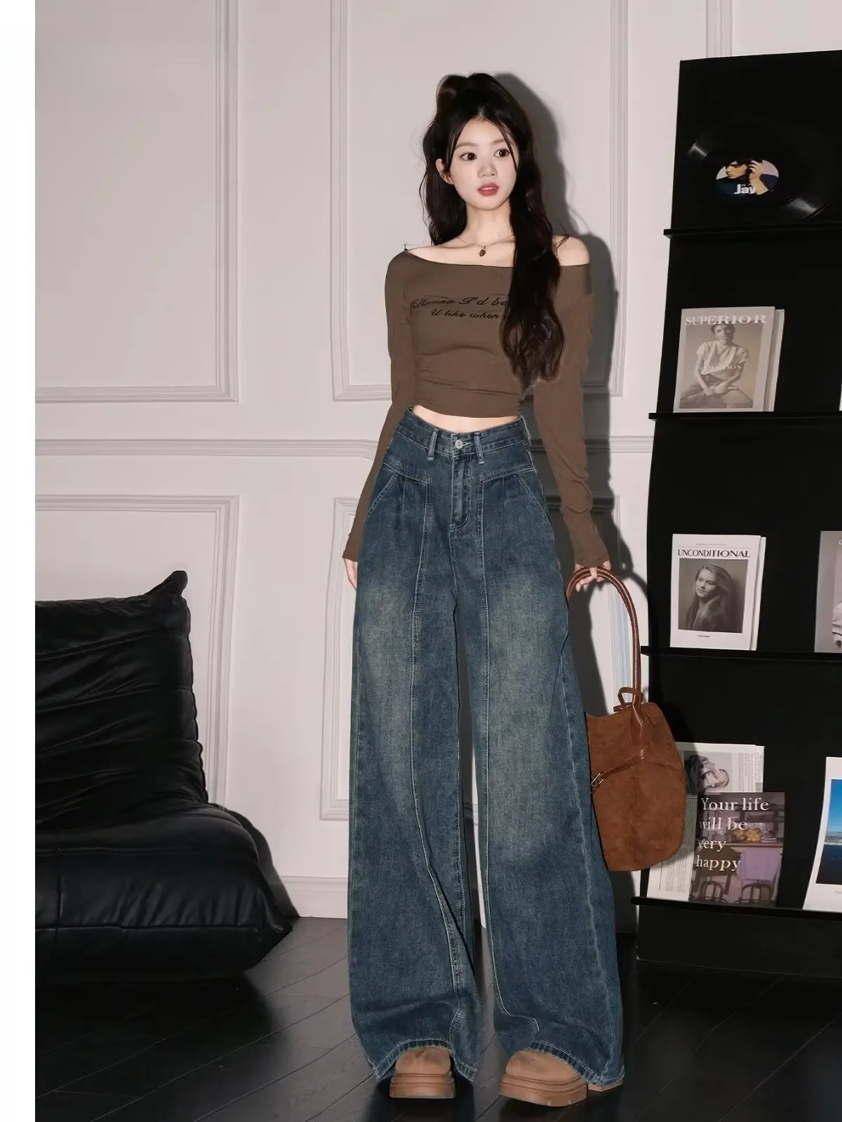 

High Waist Draped Blue Denim Jeans Women's Autumn Winter plus Size Vintage Loose Wide Leg Long Pants Casual Style