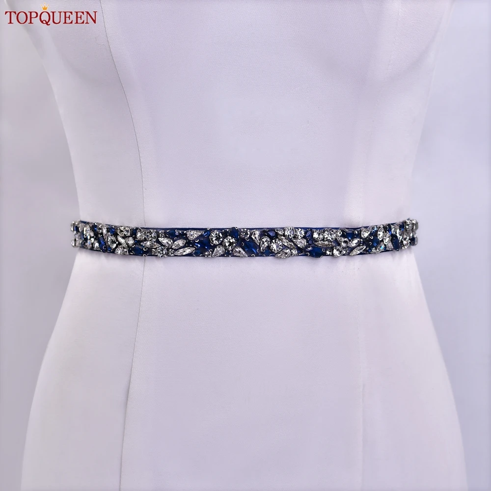 TOPQUEEN Bridal Belts Wedding Jewelry Navy Blue Rhinestone Applique Party Formal Dress Diamond Sash Bridesmaid Gift S85-ML