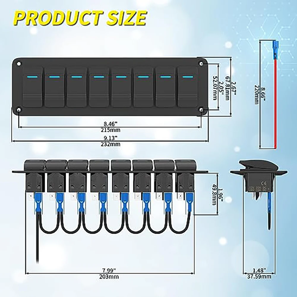 DaierTek 8 Gang Rocker Switch Panel 12V Blue LED Bar Switch Panel 12V Rocker Toggle Switch 3 Pin ON/Off with Pre-Wired for Car