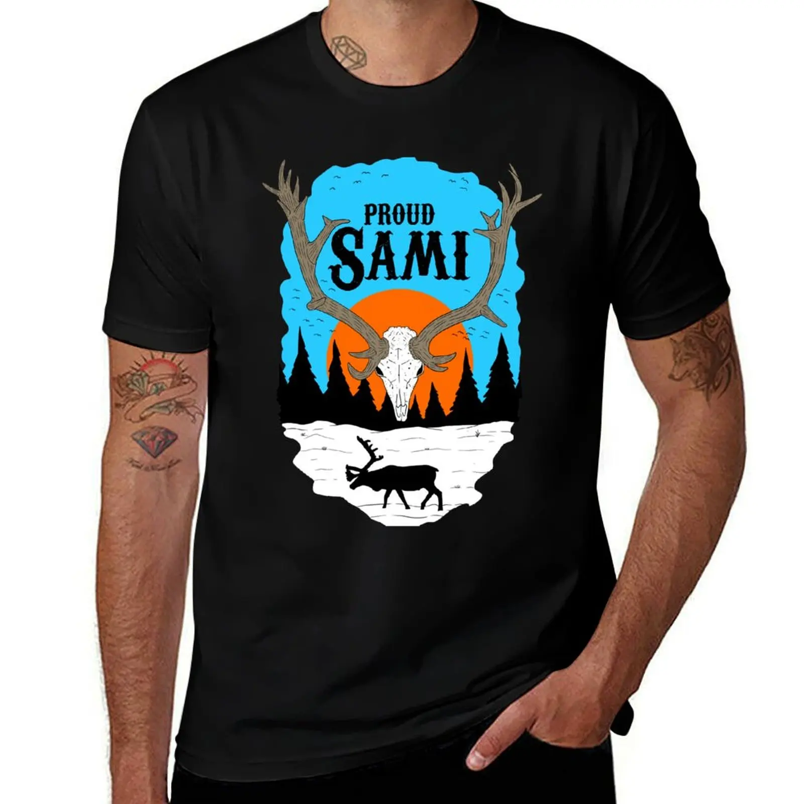 Proud Sami. reindeer skull with snowy landscape. T-Shirt Retro Graphic Print T-Shirt