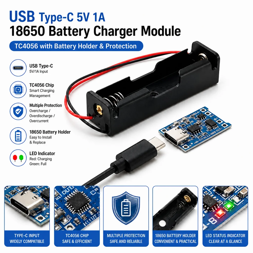 18650 Lithium Battery Charger Module with Battery Holder Built-in TC4056 USB Type-C 5V 1A Overcharge Protection for Power Bank