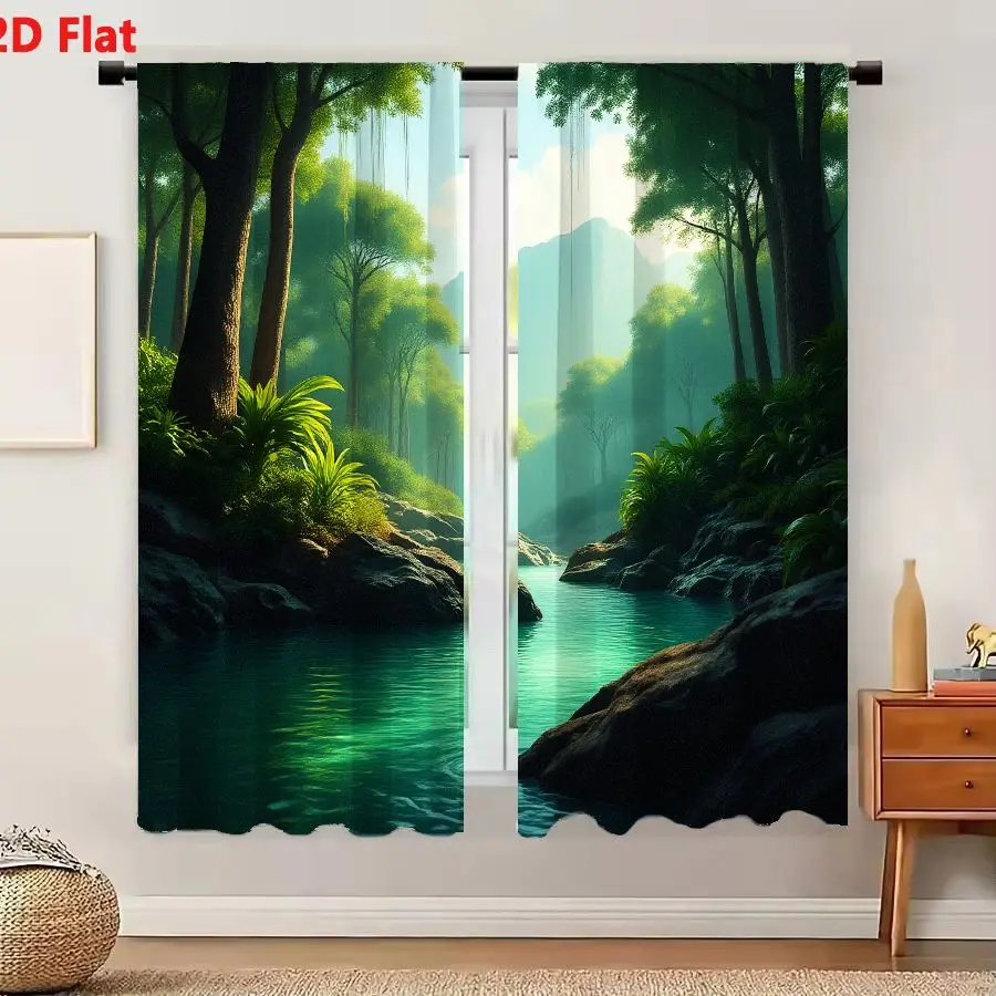 2Pcs Curtains 2D Flat Serene Lush Forest Landscape With Calm Turquoise River Flowing Between Dark Mossy Rocks And Tall Trees Und
