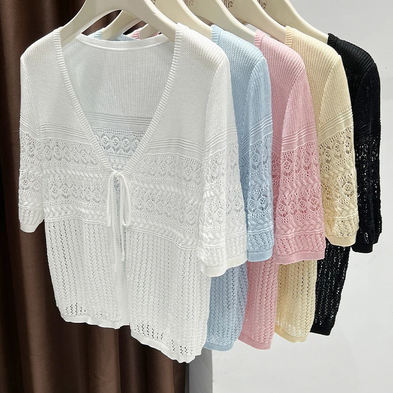 

Summer thin hollow knitted cardigan for women 2025 new blue high-grade straps with short sleeves and sun protection shawl