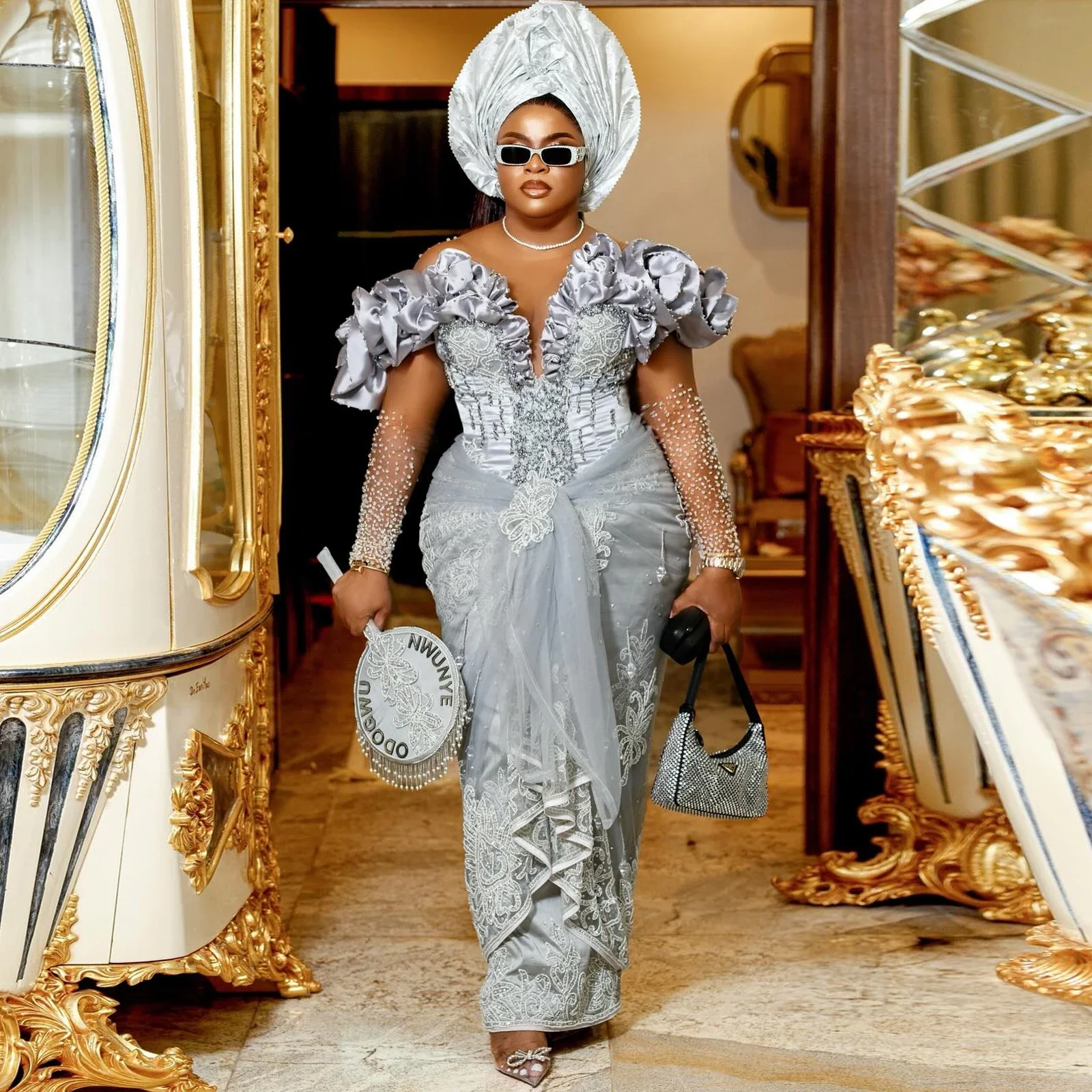 Plus Size African Grey Ruffled Lace Prom Dress Aso Ebi Formal Occasion Gowns Modest Nigerian Traditional Wedding Party Dresses