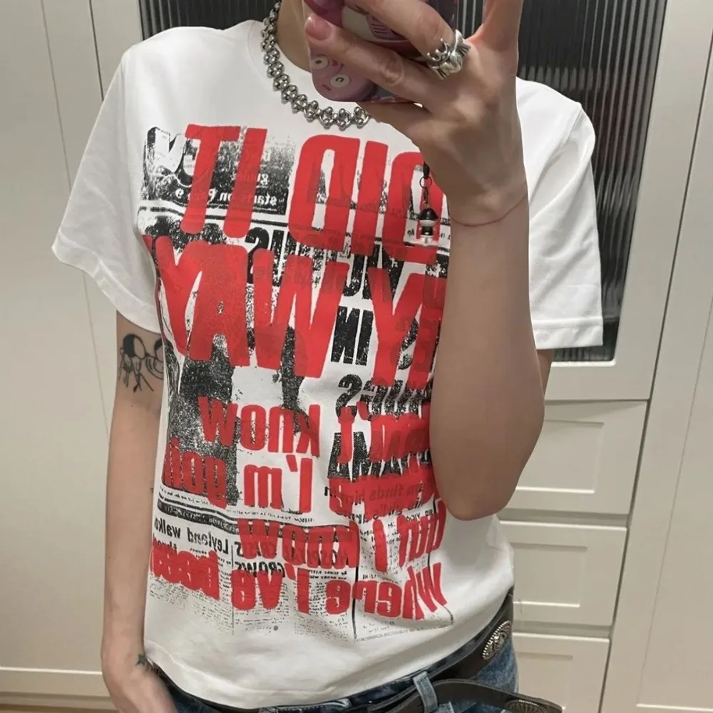Koreańska koszulka z nadrukiem marki Y2K 100% czystej bawełny Dark Punk Harajuku Hip-hop Graphic Tee Loose Casual Men Women Top Casual