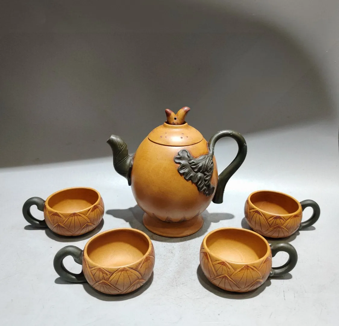Purple teapot Yixing Purple Clay Teapot Lotus and lotus root teapot 4 cups a set Kettle Teapot