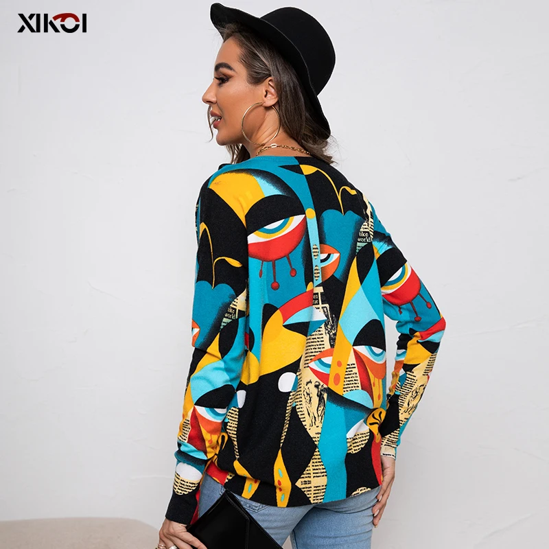 XIKOI Autumn Winter Pullover New Sweater Women High Quality Loose Knitted Sweaters Female Print Sweater Women Casual Tops