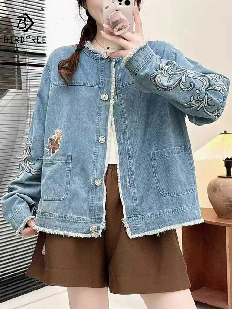 

New 2026 Spring Women Long Sleeve Denim Coat, Stand Embroidery Pocket, Mori Girl Vintage OL Preppy Style Loose Jacket C61928CC