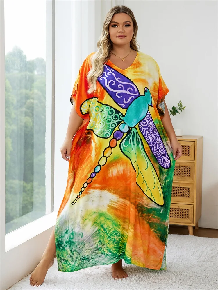 2024 Summer Plus Size Bohemian Print V Neck Batwing Sleeve Loose Kaftan Dress African Women Beachwear Swimsuit Cover Up Q1577