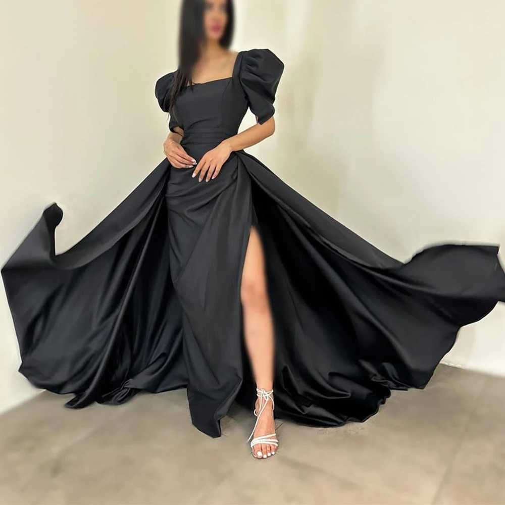 

Customized Classic Criss-Cross Panel Train Lace Up Back Square Collar Evening Dress Graceful Short Sleeves Satin Robe de soirée