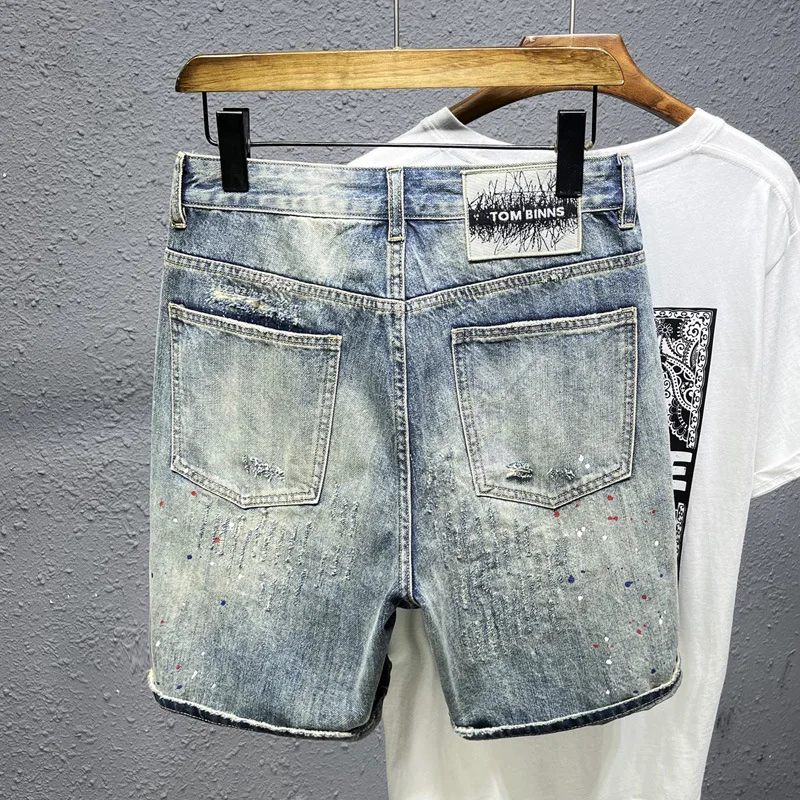 2024summer scratch denim shorts men's trendy high-end casual all-matching fashion retro shorts