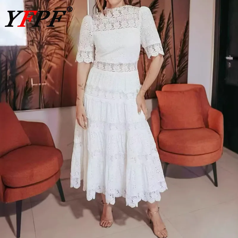 

YFPF Fashion Women's Dress Lace Hollow Out Embroider Design Short Sleeve Solid Color Summer Causal Dresses 2026 New Clothing