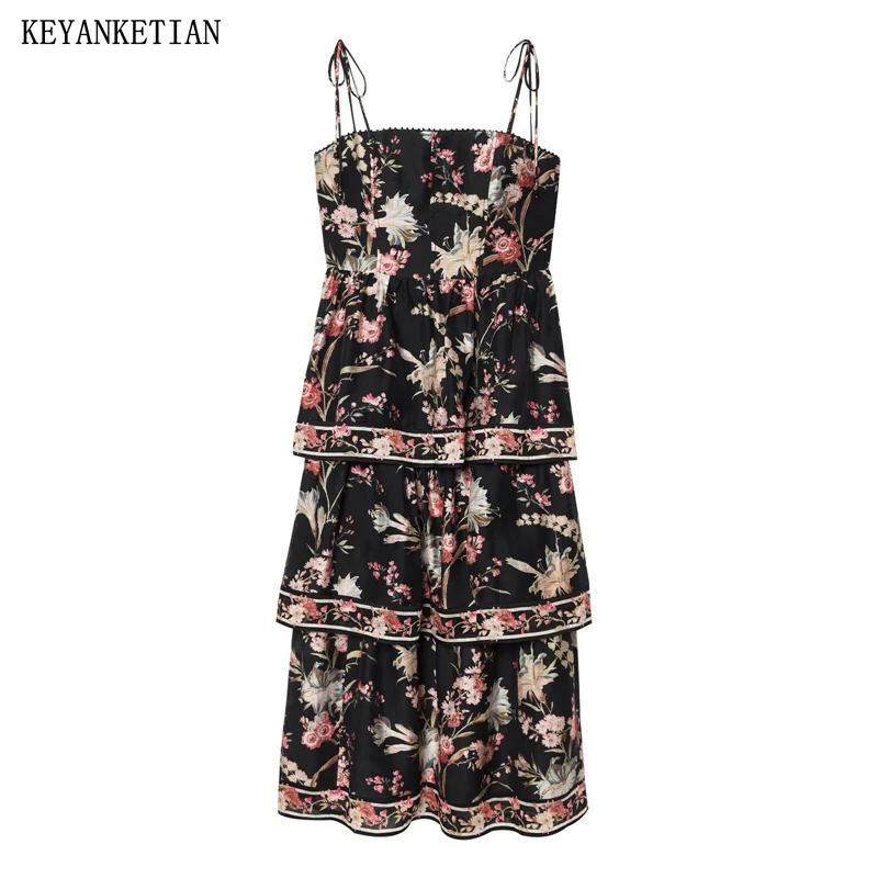 KEYANKETIAN 2026 Summer New Women's Boho Floral Midi Dress Spaghetti Strap Ruffle Hem Tiered Strap Dress Vacation Party Wear