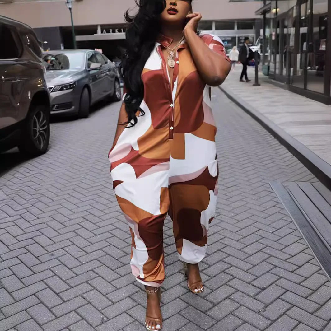 

2025 Fashion Summer Sexy Jumpsuit Lapel Loose One-piece Irregular Print Casual Fashion Loose