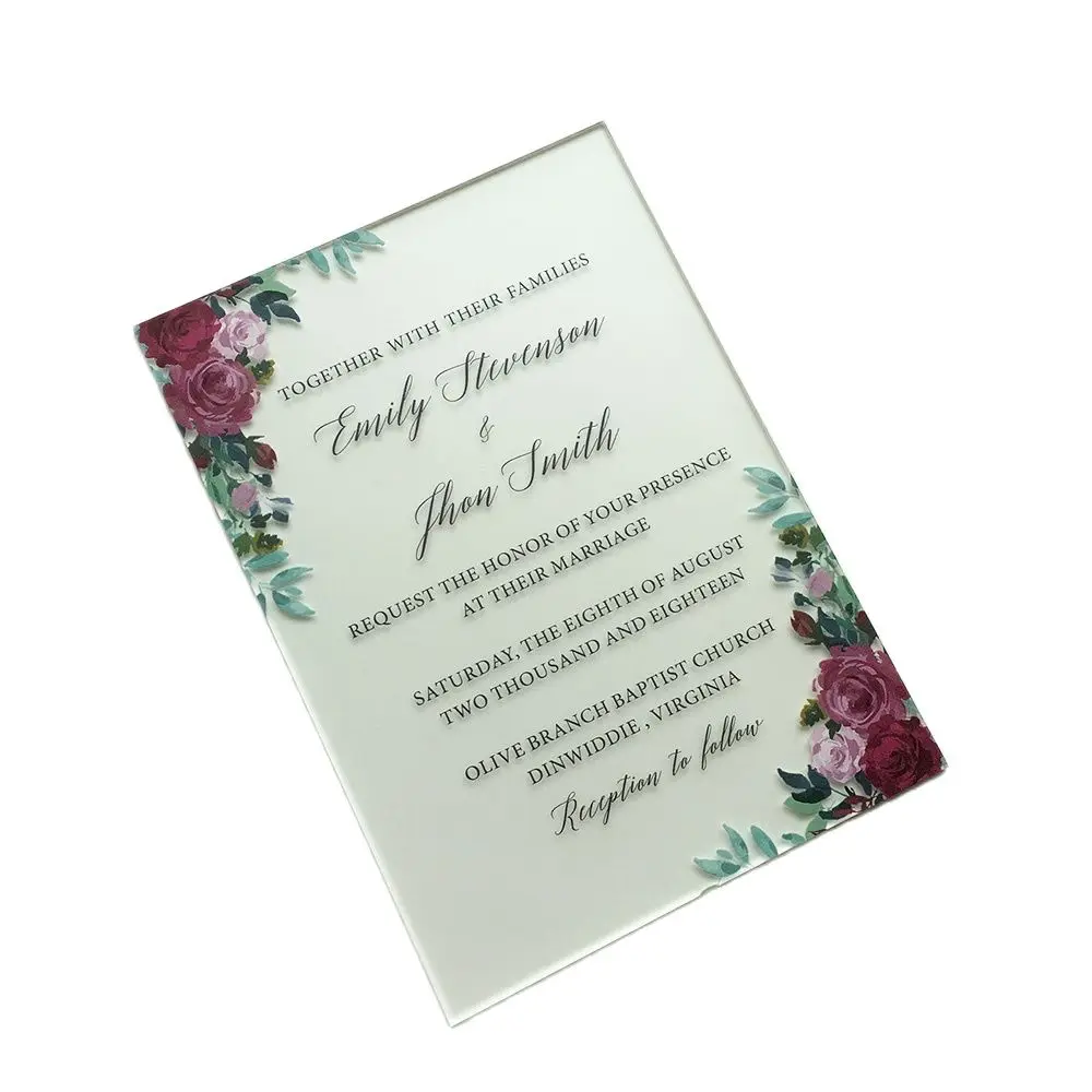 

20 Pieces Per Lot Beautiful Burgundy Floral Watercolor Style 5x7inch Frosted Acrylic Wedding Invitation Card