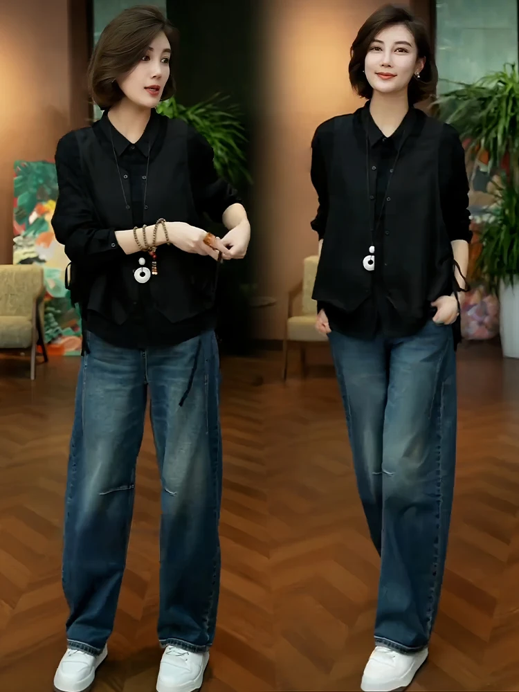 Ele V-Ne minceur polyvalent femmes irt décontracté Sle Long Sve respirant confortable moyen-âge Faion tendance