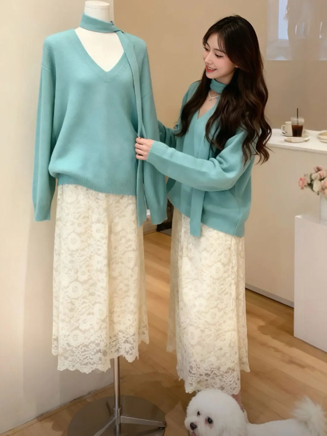 

Элегантный комплект из топа с V-образным вырезом и юбки с высокой талией, комфортный теплый весенний женский наряд, мягкий хлопковый трикотажный комплект с длинными рукавами.